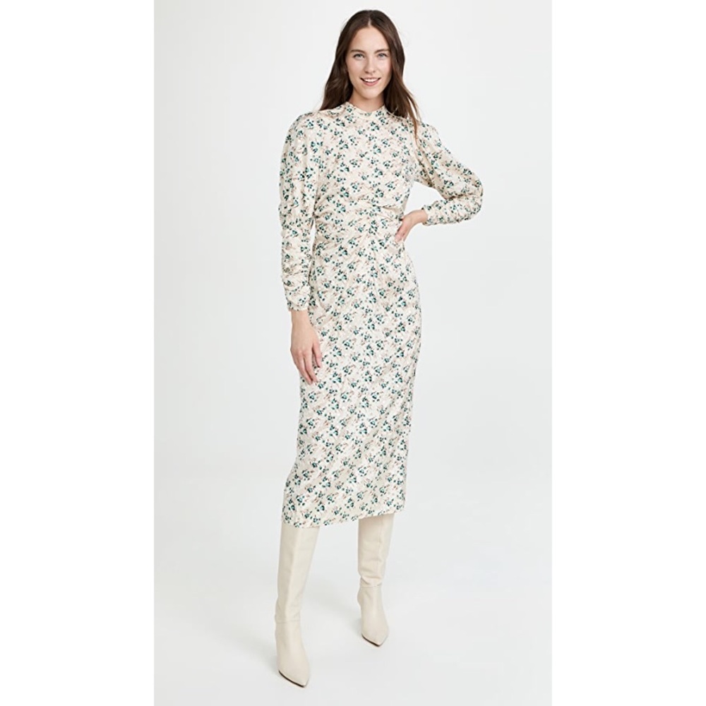 ByTimo Delicate Gathers Dress Ruched Cream Satin w/ Blue Flowers